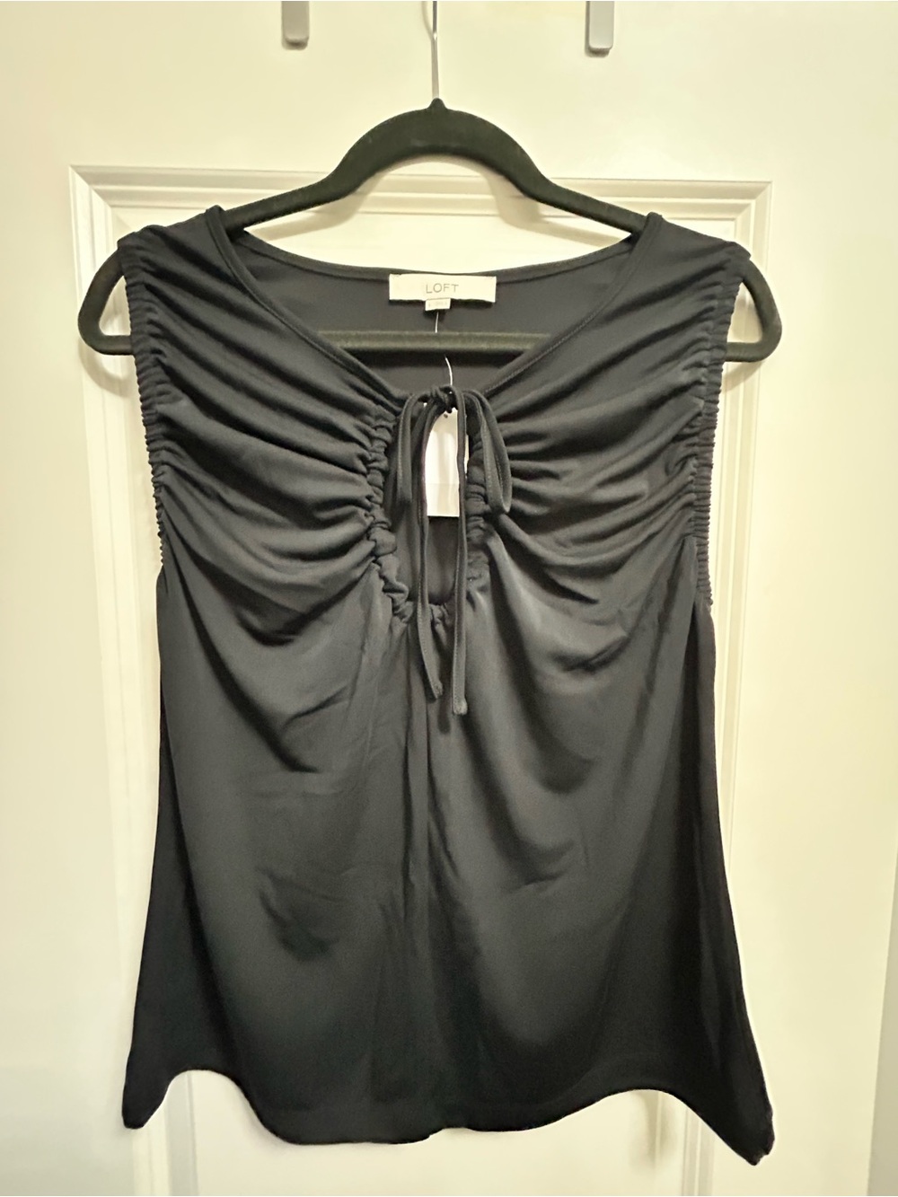 LOFT Black Ruched Tie-Front Sleeveless Top